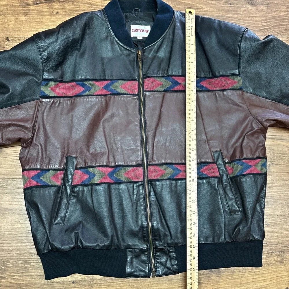 Vintage 80s Campus Leather Bomber Jacket Mens Large Southwest Aztec Native Retro